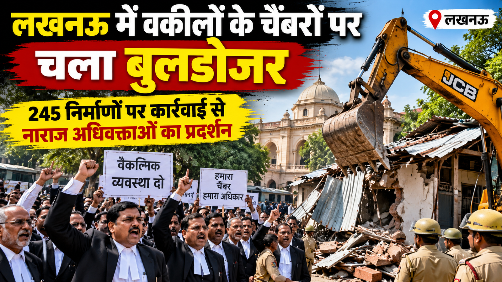 लखनऊ में वकीलों के चैंबरों पर चला बुलडोजर, 245 निर्माणों पर कार्रवाई से नाराज अधिवक्ताओं का प्रदर्शन लखनऊ में वकीलों के चैंबरों पर चला बुलडोजर, 245 निर्माणों पर कार्रवाई से नाराज अधिवक्ताओं का प्रदर्शन